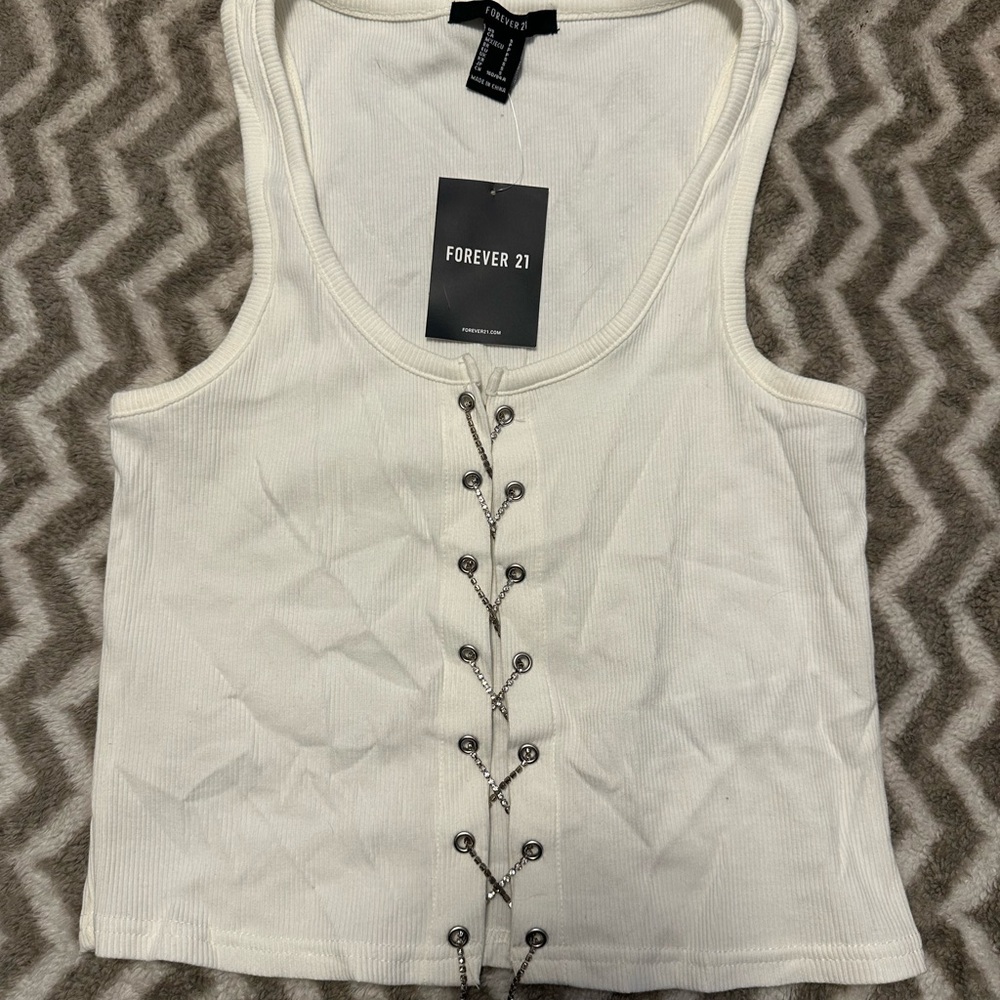 Forever 21 Cream Tank Top with Silver Detailing